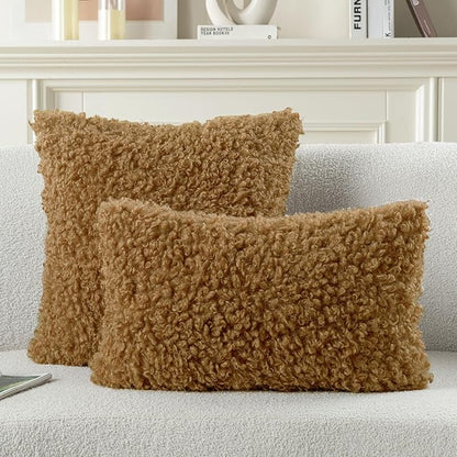 FUTEI Camel Decorative Throw Pillow Covers 24x24 Inch Set of 2,Soft Fluffy Faux Wool Fur Boucle Textured European Cushion Case,Modern Home Decor for Couch Bed Living Room Office