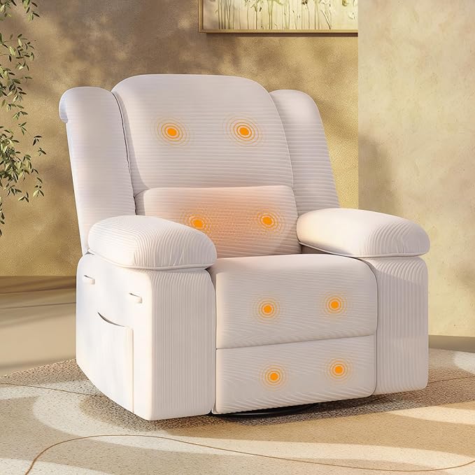 FLEXISPOT 360° Swivel Rocker Recliner for Adults, Massage Rocker Recliner Chair with Heating, Nursery Chair Swivel Glider Sofa for Living Room, Bedroom, Nursery, Beige