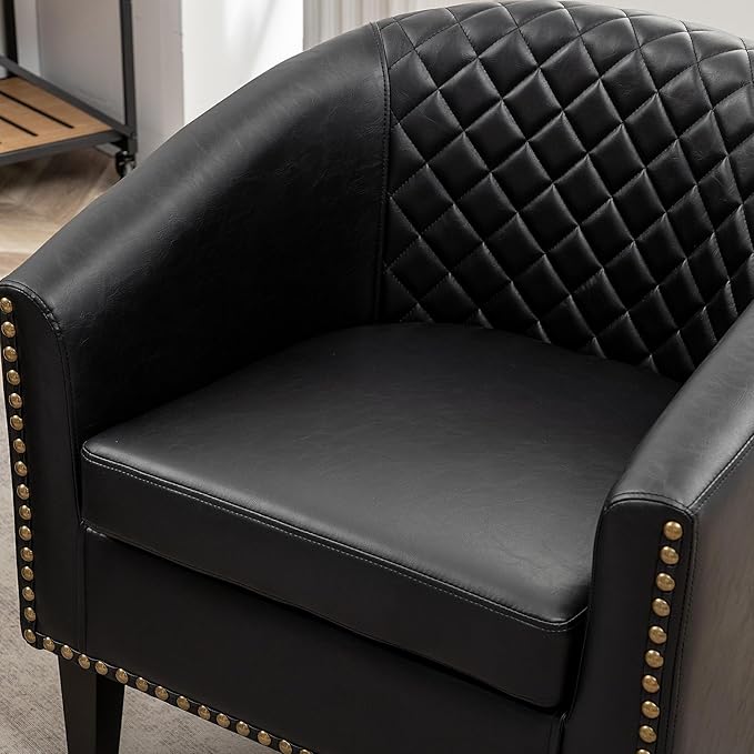 KINWELL 29" W Faux Leather Barrel Chairs Set of 2, Modern PU Upholstered Tufted Club Chairs with Nailhead Trim, Small Armchairs Accent Chairs for Living Room Bedroom Apartment Lounge Nursery, Black