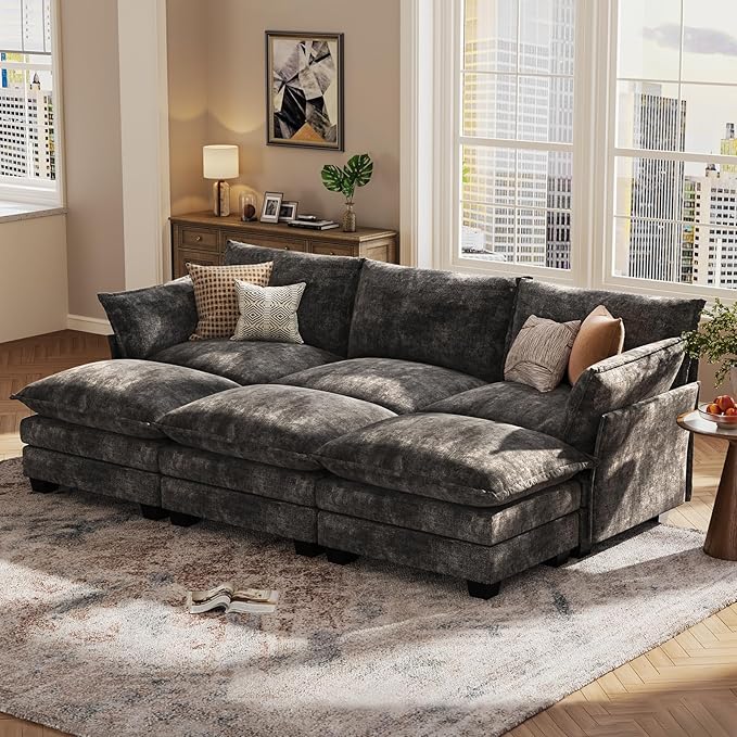 KKL 91.3" Large Modular Sectional Sofa Bed, 6 Seater Convertible J/L-Shaped Sleeper Cloud Couch with Ottoman, Chenille Sectional Couches for Living Room, Apartment, Grey