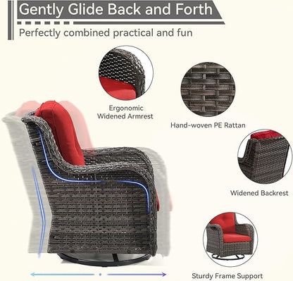 5 Pieces Outdoor Patio Furniture Set - Conversation Set Includes Wicker Swivel Rocker Chairs Set of 2, 2 Ottoman, 3 Seat Sofa, Suitable for Porch, Yard, Mixed Brown Rattan, Red