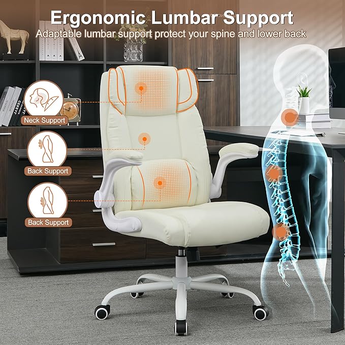 Office Desk Chair,Ergonomic Conference Room Chairs,Mid Back Executive Leather Chair,Comfy Computer Desk Chairs with Adjustable Flip-Up Arms and Rocking Function (Beige)