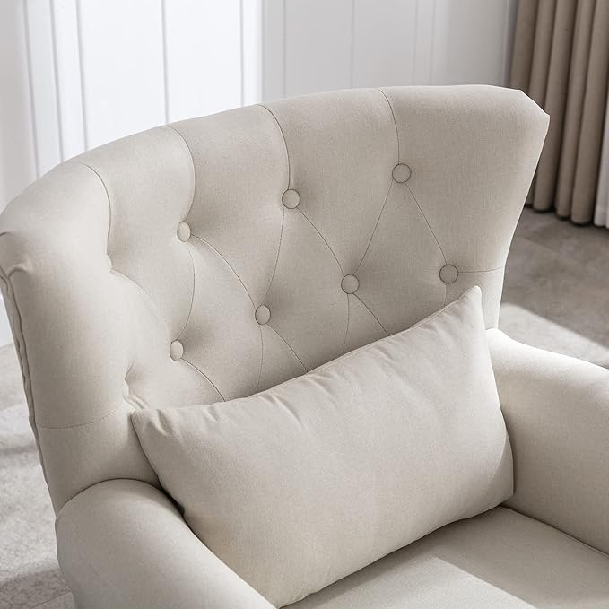 chairus Mid-Century Modern Accent Chair with Ottoman, Comfy Linen Single Sofa Chair Button Tufted Wingback Armchair with Pillow for Living Room/Bedroom/Club - Beige