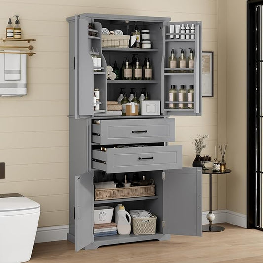 Tall Storage Cabinet, Bathroom Floor Freestanding Storage Cabinet with 2 Doors, Adjustable Shelf, and 2 Drawers for Bathroom, Office, Living Room, MDF Board, Grey