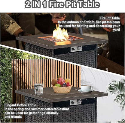 HUMMUH Patio Furniture with Fire Pit 4-Piece Wicker Outdoor Sectional Couch and Swivel Rocking Chairs, Propane Fire Pit Conversation Set for Garden, Backyard, Deck