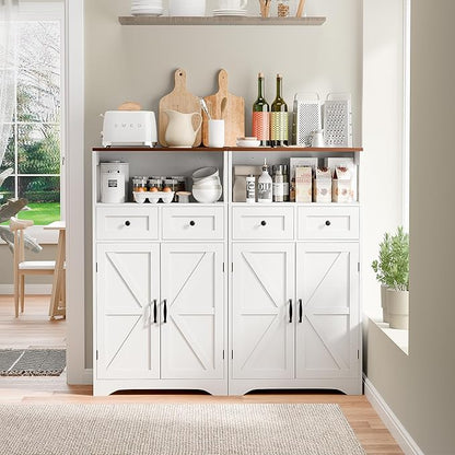 SUPER DEAL Farmhouse Storage Cabinet, Bathroom Floor Cabinet Kitchen Pantry with Doors and Drawers, Hutch Cupboard for Laundry, Living Room, Bedroom, White