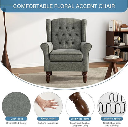 UIXE High Back Accent Chairs Set of 2, Upholstered Armchair in Fabric, Retro Wingback Arm Chair for Living Room, Comfy Single Sofa Bedroom Reading Seat with Solid Wood Legs - Dark Gray