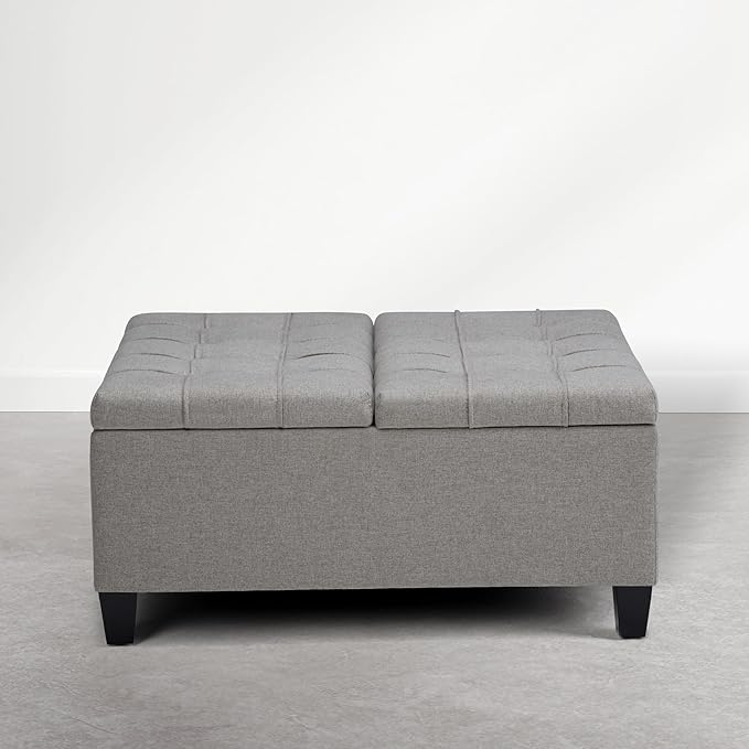 SIMPLIHOME Harrison Coffee Table Storage Ottoman - 36 inch Wide Upholstered Linen Look Fabric Square Storage Ottoman in Oyster Grey, Transitional Tufted Ottoman for Living Room with Split Lift-Up Lid