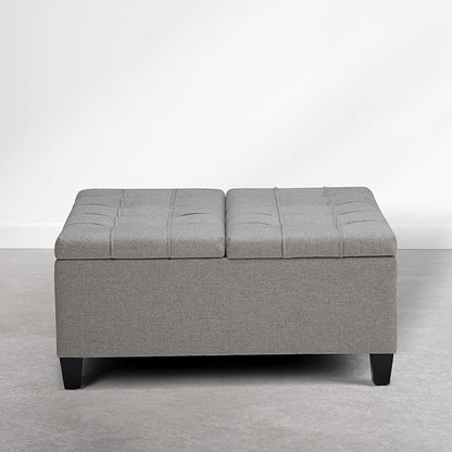SIMPLIHOME Harrison Coffee Table Storage Ottoman - 36 inch Wide Upholstered Linen Look Fabric Square Storage Ottoman in Oyster Grey, Transitional Tufted Ottoman for Living Room with Split Lift-Up Lid