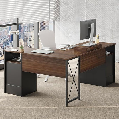 Bestier L Shaped Desk with 4 Drawers, 63" x 47" Executive Desk with Open Storage & Monitor Stand, Corner Desk with 2 File Drawers & Modesty Panel for Home Office, Cherry