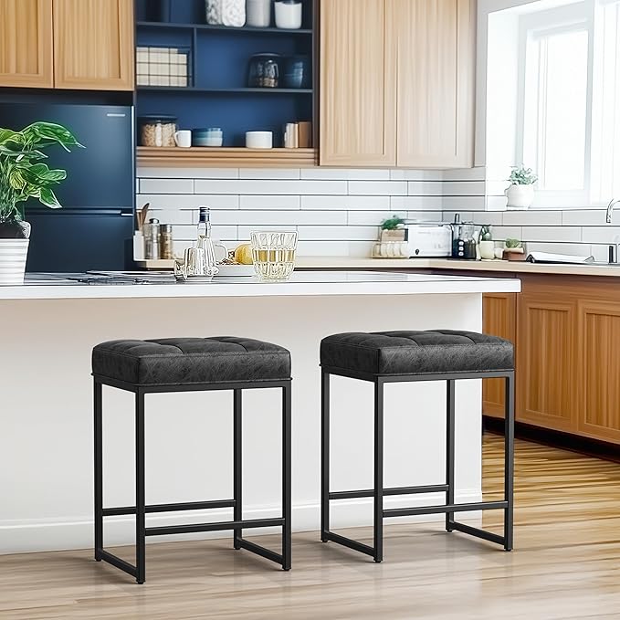 Yaheetech Bar Stools Set of 2, 24 Inch Counter Height Bar Stools Set, Backless Kitchen Island Stools, Faux Leather Stools for Kitchen Counter, Black