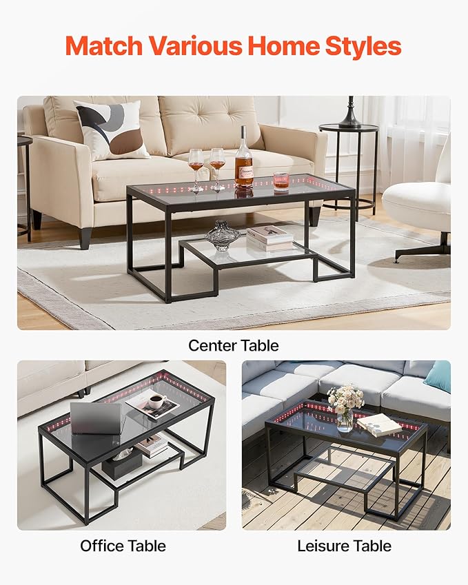 VEVOR Coffee Table, Modern Tempered Glass Coffee Table with Lighting, 2 Tiers Rectangle Glass Center Desk with Open Storage, Minimalist Metal Accent End Desk for Living Room, Office, Easy Assembly