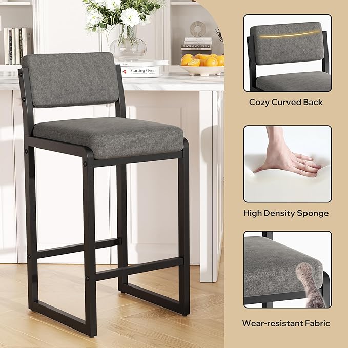 Bar Stools Set of 5, Fabric Counter Height Bar Stools with High Back and Metal Legs, Upholstered Bar Chairs, 26" Modern Barstools for Kitchen Island, Grey