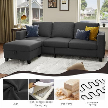 Youmumeub Sectional Sofa Couches for Living Room - Small Living Room L Shaped Pet Friendly Modular 3 Seater Couch-Convertible Washable Covers Suitable for Apartment Bedroom Office-Dark Gray Linen