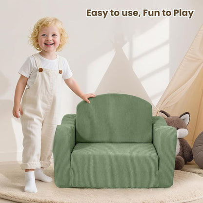 Comfy Toddler Chair for Kids, 2-in-1 Toddler Soft Plush Couch Fold Out, Convertible Kids Couch to Lounger, Baby Sofa for Boys and Girls, Green