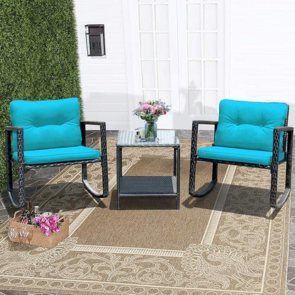 COSTWAY 3 Pieces Patio Rattan Rocking Chair Set, Outdoor Conversation Furniture Sets with Coffee Table, Storage Shelf and Cushions, Modern Bistro Set for Porch, Backyard, Garden, Turquoise