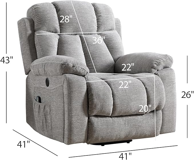 Large Power Lift Recliner Chair with Massage and Heat for Elderly, Wide Padded Recliner with 2 Cup Holders, Side Pocket & USB Charger,(1, Light Gray)