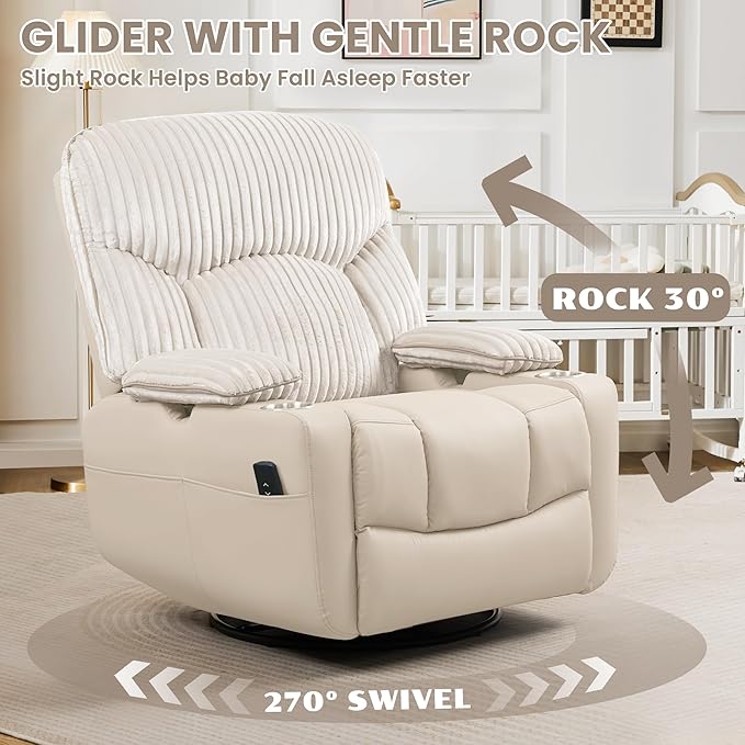 GRAINELL Rocking Chair Nursery, Electric Swivel Recliner Glider with Adjustable Armrests, Nursing Chair with USB Charger, Cup & Blanket Holders, Beige Corduroy & PU Leather