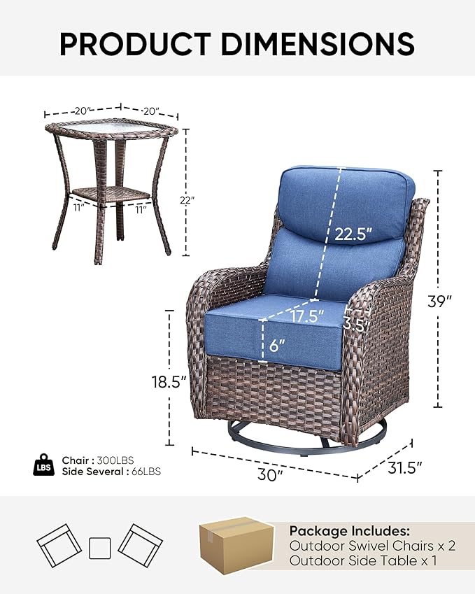 HUMMUH Outdoor Patio Wicker Swivel Rocker Chairs with 6-Inch Thick Cushion High Back 3 PCS Wicker Conversation Set for Porch Balcony Deck