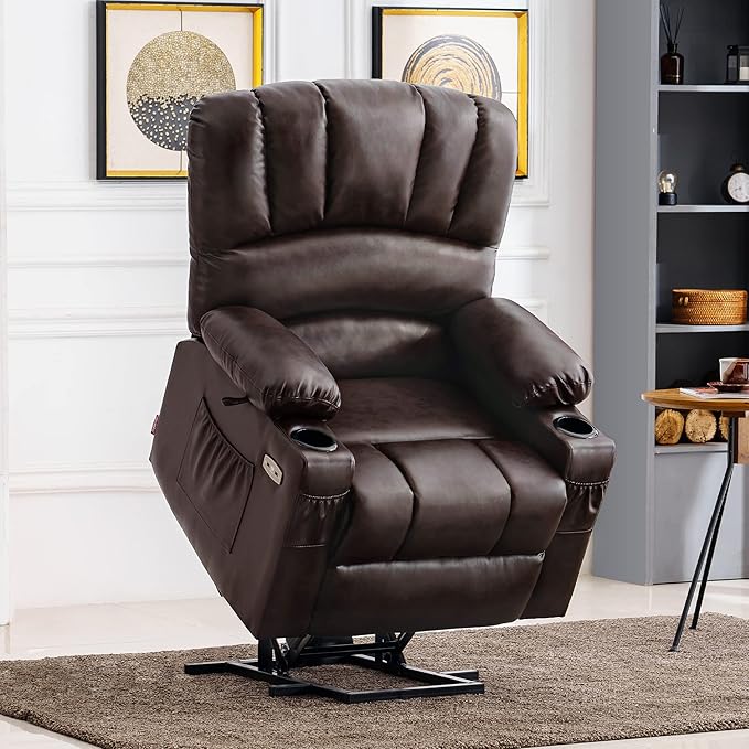 MCombo Power Lift Recliner Chair for Elderly, Lift Chair with Heat and Massage, USB &Type C Ports, Cup Holders, Faux Leather 7095 (Medium, Dark Brown)