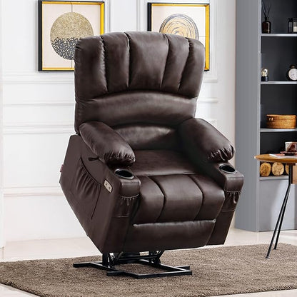 MCombo Power Lift Recliner Chair for Elderly, Lift Chair with Heat and Massage, USB &Type C Ports, Cup Holders, Faux Leather 7095 (Medium, Dark Brown)