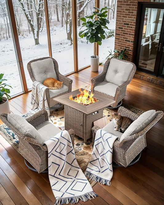 Patio Chairs Outdoor Swivel Glider - Set of 4 High Back Outside Brown Wicker Rattan Rocking Chair with Thick Cushion for Porch Apartment Deck Yard Poolside Garden - Beige