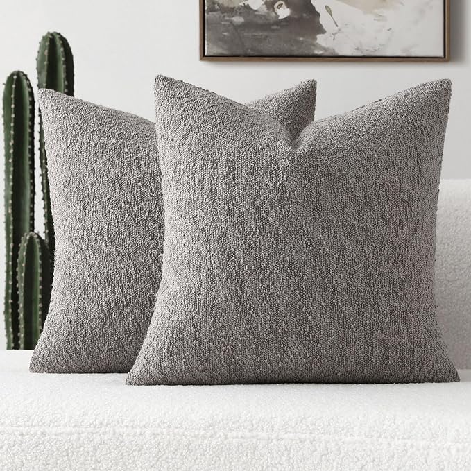 FUTEI Pack of 2 Light Grey Decorative Throw Pillow Covers 18x18 Inch Soft Cozy Solid Boucle Textured Cushion Case,Modern Home Decor for Couch Bed Living Room