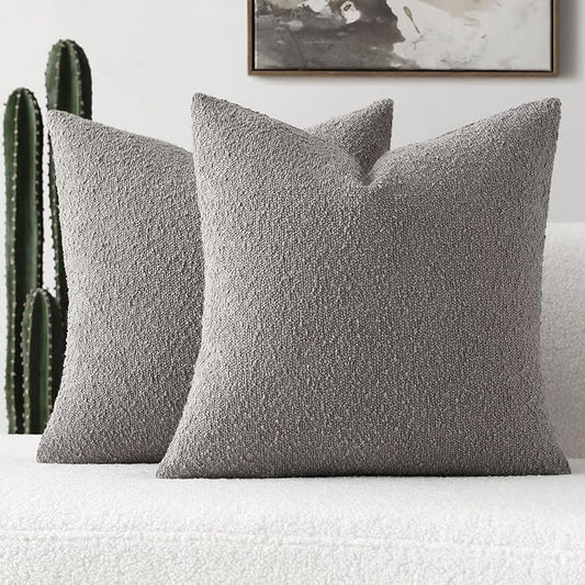 FUTEI Pack of 2 Light Grey Decorative Throw Pillow Covers 18x18 Inch Soft Cozy Solid Boucle Textured Cushion Case,Modern Home Decor for Couch Bed Living Room
