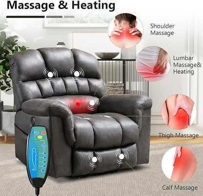 Large Power Lift Recliner Set of 2 with Massage and Heat for Elderly, Faux Leather Electric Lifting Recliners with USB Port, Oversized Reclining Sofa Chair for Living Room, Grey