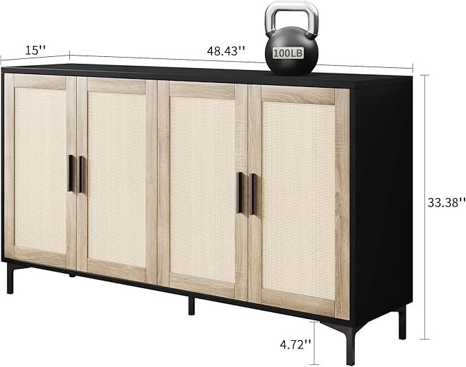 JASIWAY Sideboard - Buffet Cabinet with Storage, Rattan Kitchen Buffet Cabinet Accent Sideboard Cabinets with Doors, Coffee Bar Cabinets Rattan Sideboards for Living Room, Entryway, Black