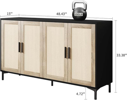 JASIWAY Sideboard - Buffet Cabinet with Storage, Rattan Kitchen Buffet Cabinet Accent Sideboard Cabinets with Doors, Coffee Bar Cabinets Rattan Sideboards for Living Room, Entryway, Black