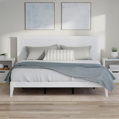 Serene Farmhouse Style Wood Bed in King Size with Chevron Scoring Headboard, Coastal Modern Design, Sturdy, Easy Assembly, Ample Underbed Storage, White Finish