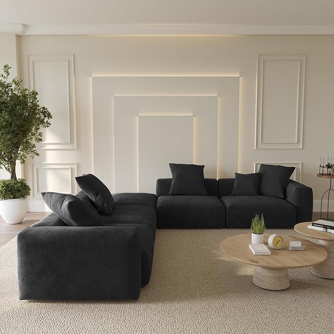 Oversized Modular Sectional Sofa with Ottomans,5 Seater Corduroy V Shaped Reversible Corner Couch,141.73" Convertible Sofa & Couch Free Combination for Living Rooom,Black