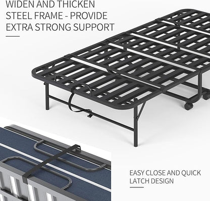 Folding Bed with Mattress for Adults, 75" x 38" Foldable Bed, Twin Size Metal Bed Frame with Wheels, Portable Rollaway Bed for Guest, Travel