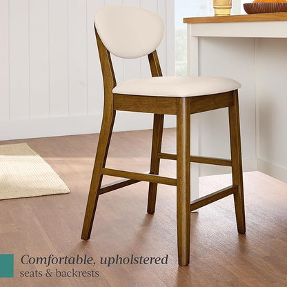 Best Choice Products Bar Stool Set of 2, Mid-Century Modern Upholstered Wood, Armless Counter Height w/Seat Cushion, Backrest - Walnut/Cream