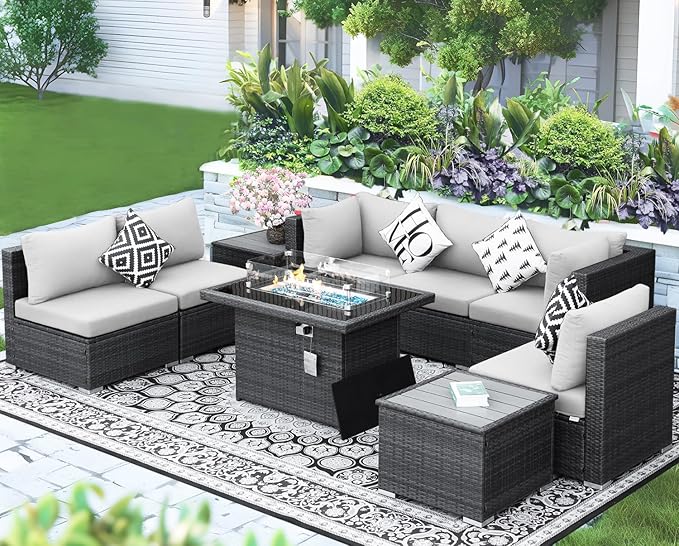NICESOUL 9 Piece Patio Set with Firepits Natural Gas/Propane, 29.3'' High Back Comfortable L Shape Outdoor Conversations, XL Large Size Deep Seated Wicker Sectional Sofa Furniture Set, Gray