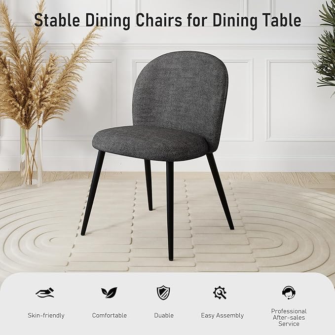 Upholstered Dining Chairs Set of 2, Modern Kitchen Side Chair with Padded Seat Comfortable Chenille Fabric Study Black Matel Legs,Desk Chair with Back for Dining Rooms, Black