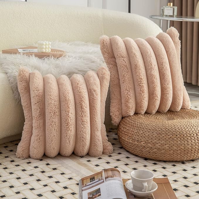 Neelvin Camel Faux Fur Cozy Soft Striped Decorative Throw Pillow Covers 22x22 inch Set of 2,Velvet Pillowcase Cushion Case for Sofa Couch