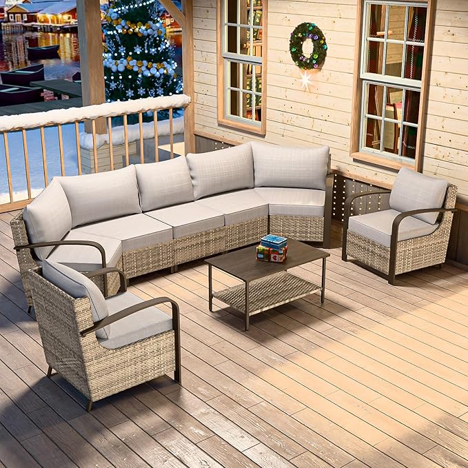 COOS BAY Aurora Terrace Half-Moon Outdoor Furniture Set, Rattan Conversation Set with Patio Chairs, Curved 5-Seat Sofa, Coffee Table, Seats 7, Beige/Beige