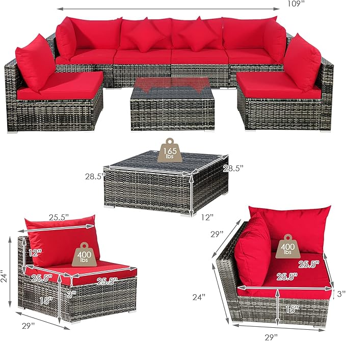 Tangkula 7 Pieces Patio Rattan Furniture Set, Patiojoy Outdoor Conversation Set with Cushions and Tempered Glass Coffee Table, All-Weather Sectional Sofa Set for Garden, Lawn, Backyard (Red)