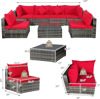 Tangkula 7 Pieces Patio Rattan Furniture Set, Patiojoy Outdoor Conversation Set with Cushions and Tempered Glass Coffee Table, All-Weather Sectional Sofa Set for Garden, Lawn, Backyard (Red)