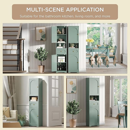 Maupvit 65" Tall Bathroom Storage Cabinet, Narrow Storage Cabinet with 2 Doors and Drawer, Bathroom Organizers with Adjustable Shelves for Living Room, Entryway, Green