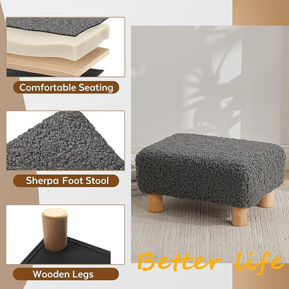 Small Foot Stool Ottoman, Sherpa Footstool Ottoman Foot Rest for Couch, Rectangle Footstools and Ottomans Small for Living Room, Entryway and Bedroom (Gray)