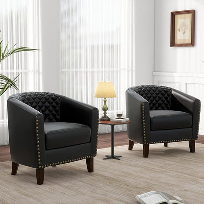 Pia Ricco Faux Leather Barrel Accent Chair, Modern Club Arm Chair Comfy Upholstered Single Sofa Chair with Solid Wood Legs and Nailhead Trim for Living Room/Reading Room, Black