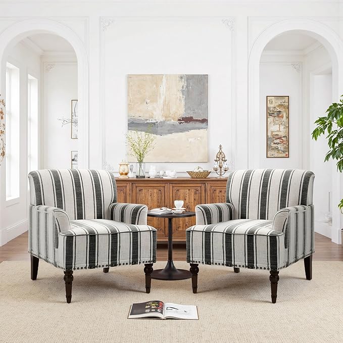 Pia Ricco Stripe Accent Chairs 2 Pack - Modern Nailhead Trim Armchairs with Wood Legs, Comfy Living Room Bedroom Home Office Seating-Black