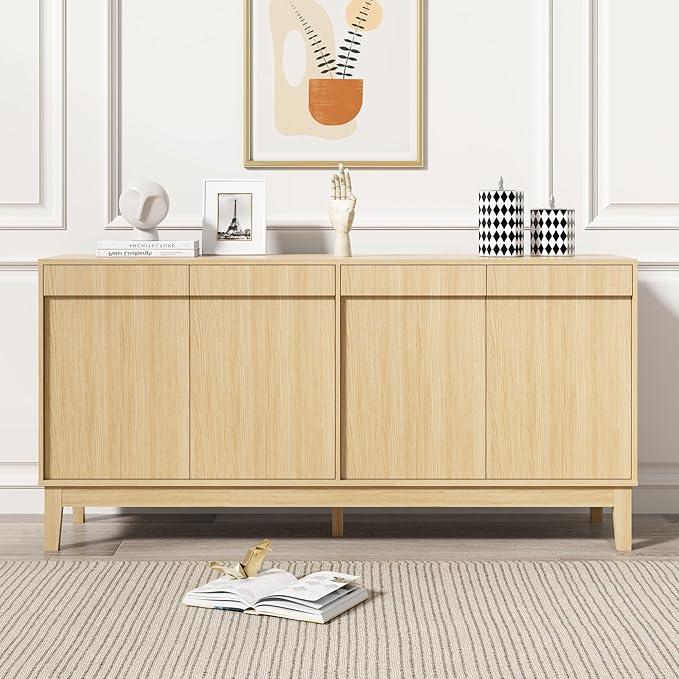 Scurrty Modern Buffet Cabinet with Storage,Wood Color Buffet with Adjustable Shelf and 4 Doors, Natural Wood Grain Accent Cabinet for Living Room & Kitchen