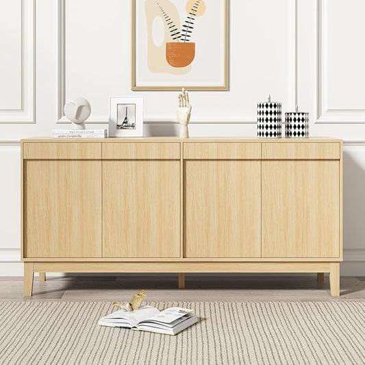 Scurrty Modern Buffet Cabinet with Storage,Wood Color Buffet with Adjustable Shelf and 4 Doors, Natural Wood Grain Accent Cabinet for Living Room & Kitchen