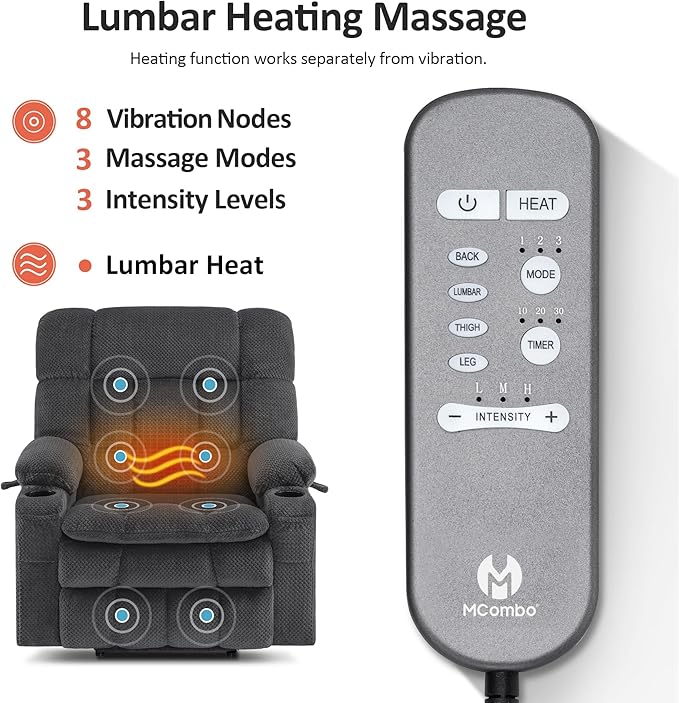 MCombo Dual Motor Power Lift Recliner Chair for Elderly, Lay Flat Lift Chair with Heat and Massage, Extra Wide Lift Recliner for Big People, Cup Holders, Fabric R7897 (Dark Gray, Medium-Wide)