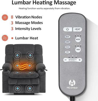 MCombo Dual Motor Power Lift Recliner Chair for Elderly, Lay Flat Lift Chair with Heat and Massage, Extra Wide Lift Recliner for Big People, Cup Holders, Fabric R7897 (Dark Gray, Medium-Wide)