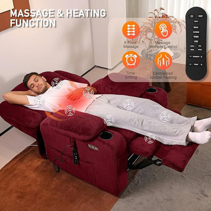 EONIX Lay Flat Power Lift Recliner Chair with Heat and Massage, Dual Motor Electric Lift Chair for Elderly for Postoperative Recovery, 400lbs Heavy Duty, Cup Holders, Lumbar Pillow, Burgundy